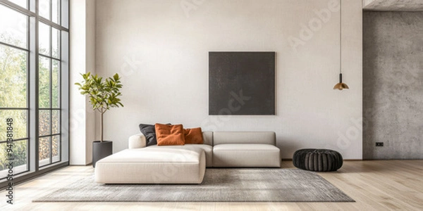 Fototapeta Luxury living room interior design composition with a sofa, natural lighting and copy space. Architectural design composition for showcasing purposes.