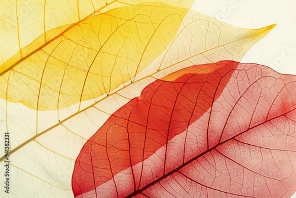 Fototapeta Autumn background of yellow and red transparent leaves.