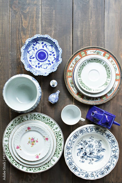 Obraz Different tableware on wooden.