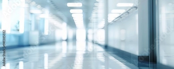 Fototapeta Abstract Blurred Background Of A Hallway With Shiny Floor And A Handrail.