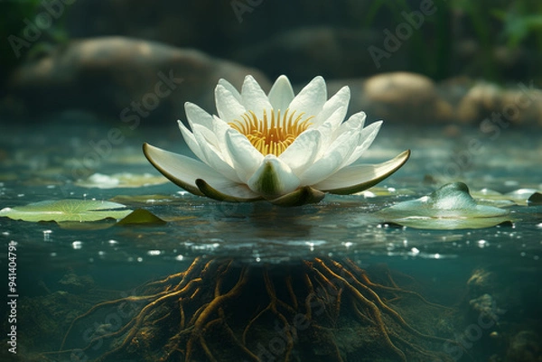 Fototapeta A botanical illustration of a water lily, with detailed attention to the floating leaves and underwater roots,