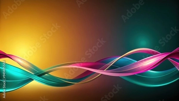 Fototapeta Abstract glass background with wavy teal and pink ribbons on a dark yellow gradient, abstract, glass, background, wavy, teal