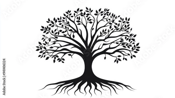 Fototapeta Graceful black tree silhouette with flowing roots, isolated on a white background for modern and stylish vector illustrations.