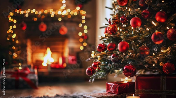 Fototapeta Christmas tree with red Christmas baubles in front of a blurred fireplace background