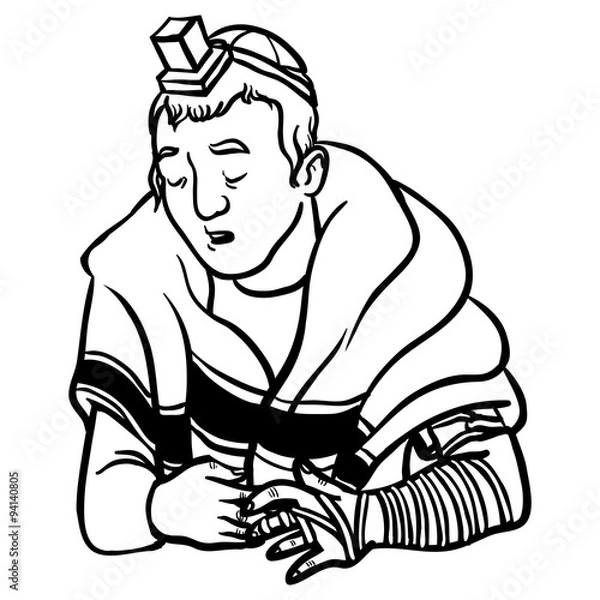 Obraz jewish man praying and put on tfilin. vector illustration