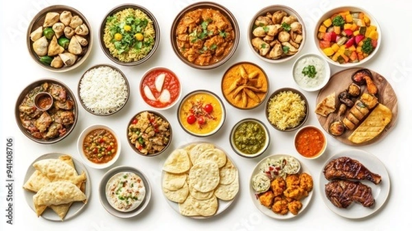Fototapeta Ramadan iftar food set collection isolated on white background. Assorted of Arabic and Indian foods. top view, close up. Indian and Pakistani many food set. samosas, chicken curry, steak, kebab, naan