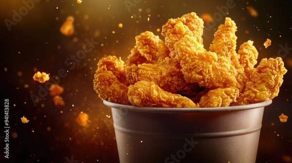Fototapeta Golden fried chicken strips in a bucket, crispy and crunchy texture, perfect for food and fast-food advertisements