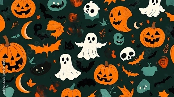 Fototapeta A colorful Halloween-themed pattern featuring pumpkins, ghosts, and bats.