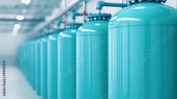 Fototapeta Close-up of blue industrial tanks in a modern facility, showcasing advanced equipment and technology used for storing and processing materials.