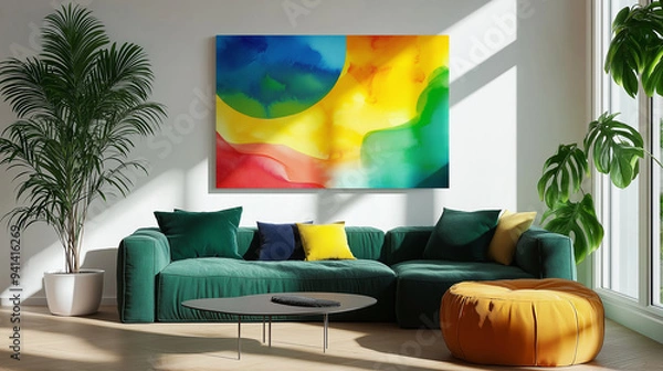 Fototapeta Paintings of interior design modern green furniture and apartment living room background white wall. Painting with watercolor pattern table prepared for room decoration. Sample room for real estate