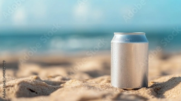 Fototapeta Chilled Beer Can on Sandy Beach, an aluminum can rests on warm sand, glistening under the sun, inviting to refresh with its cool beverage, serene coastal atmosphere