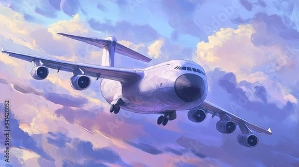 Fototapeta A large cargo plane flying through a vibrant sunset sky filled with colorful clouds creating a stunning visual display