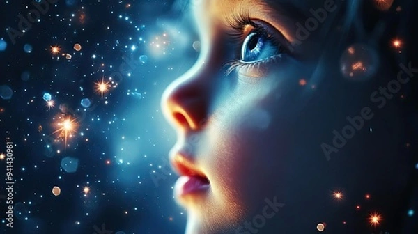 Obraz A close-up portrait of a child gazing upward amidst a mystical starry background, capturing curiosity and wonder.