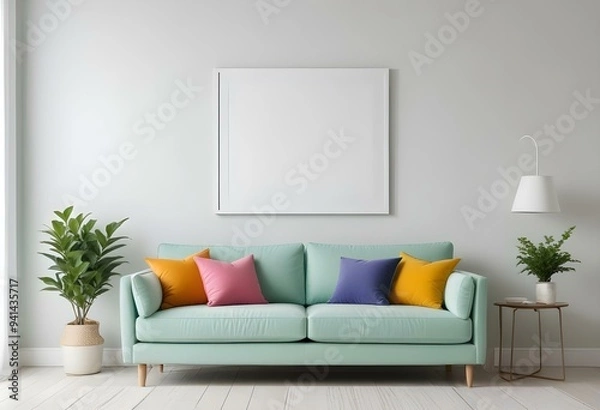 Fototapeta A modern living room with a mint green sofa, colorful throw pillows, and a blank white frame on the wall.