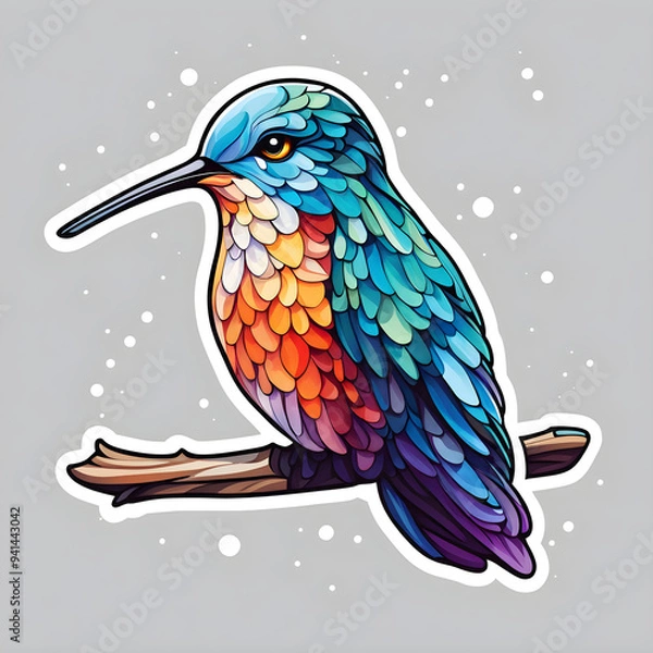 Obraz An intricately detailed illustration of a colorful hummingbird sitting on a branch. The bird's vibrant plumage features an array of bright, multi-colored feathers. Generated AI
