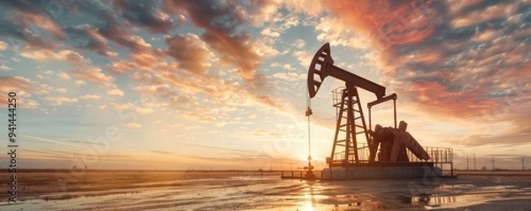 Fototapeta Oil pumpjack working in an open field extracting crude oil under a dramatic sunset sky, highlighting the fossil fuel industry and energy production..