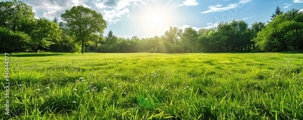 Fototapeta A wide, open green field extends towards the horizon with a bright sun shining in the blue sky, representing peace and natural beauty