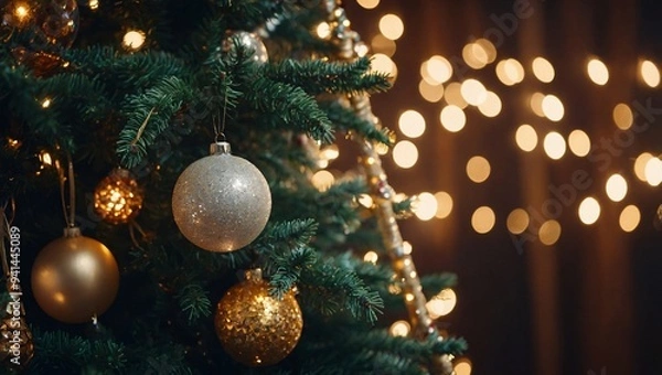 Fototapeta A Christmas tree adorned with shimmering ornaments and sparkling fairy lights