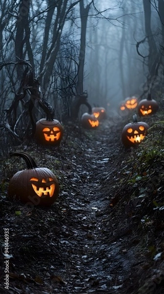 Fototapeta Eerie Path Through Haunting Forest Illuminated by Twisted Jack o  Lanterns