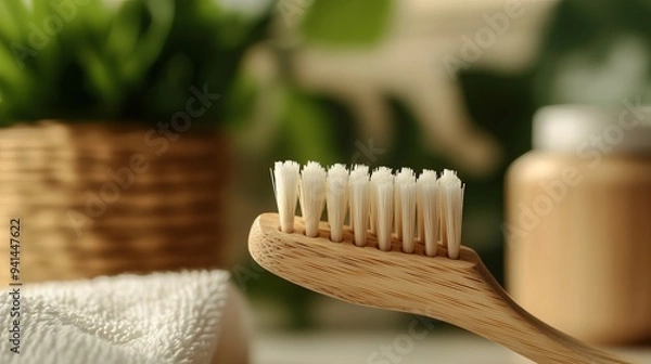 Fototapeta Eco-friendly oral hygiene: a bamboo toothbrush with natural toothpaste. Sustainable bamboo toothbrush for reducing plastic waste. Wooden toothbrush for a greener lifestyle. 