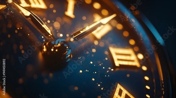 Fototapeta Abstract close-up of a glowing clock face with hands barely touching the numbers, soft warm lighting, representing the preciousness of each moment