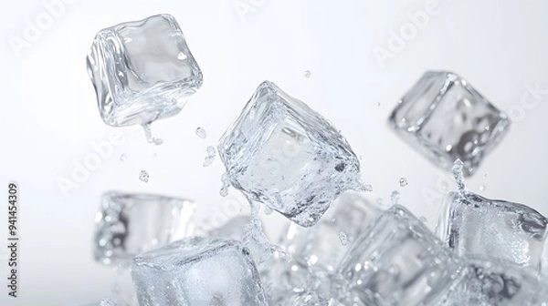 Fototapeta CG Floating Ice Cubes: Perfectly clear CG ice cubes hovering above a white background, with detailed textures and light reflections.
