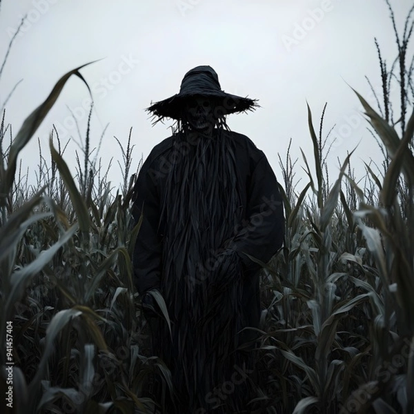 Fototapeta Foreboding Scarecrow Silhouette Amidst Towering Corn Stalks in Dimly Lit Field