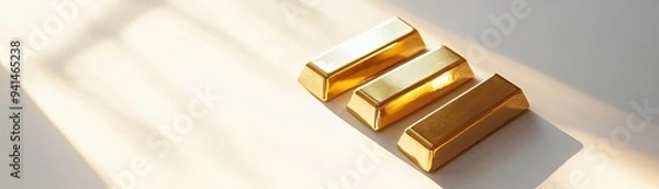 Fototapeta Three gold bars reflecting light on a smooth surface, symbolizing wealth and luxury in an elegant setting.