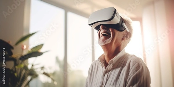 Fototapeta Elderly man wearing virtual reality headset have fun with technology happy face portrait view