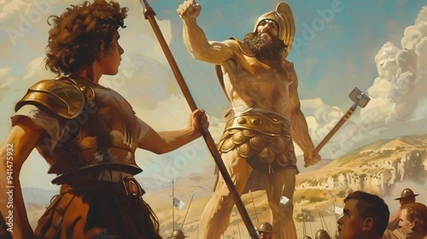 Obraz A compact depiction of David facing Goliath, showing David holding a sling with a determined expression, and Goliath towering in the background, ready for battle 