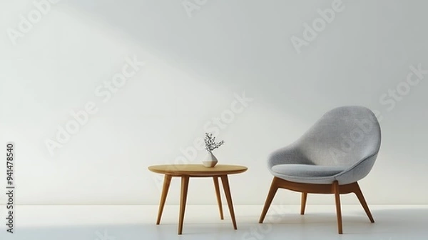Fototapeta CG Minimalist Furniture Design: A CG rendering of a modern, minimalist chair and table set, floating on a clean white background.
