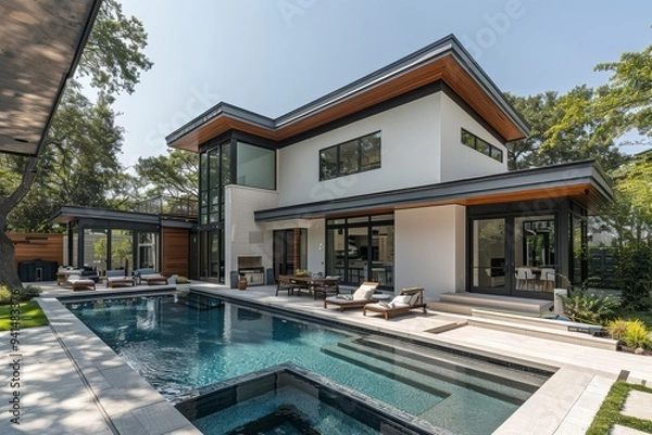 Fototapeta Front porch with wood deck and view of backyard garden, grey modern home with oversized sliding door, small pond, and wooden chairs in Seattle.