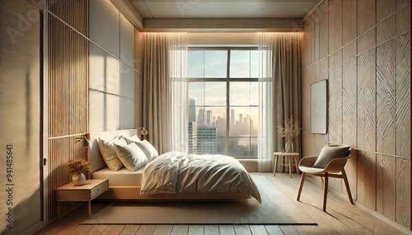 Fototapeta 朝の光が差し込むスカンジナビア風の小さなラグジュアリーホテル客室