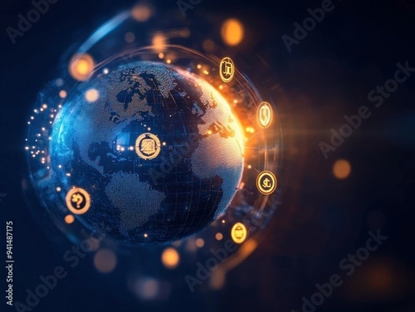Fototapeta A digital globe surrounded by icons representing various currencies
