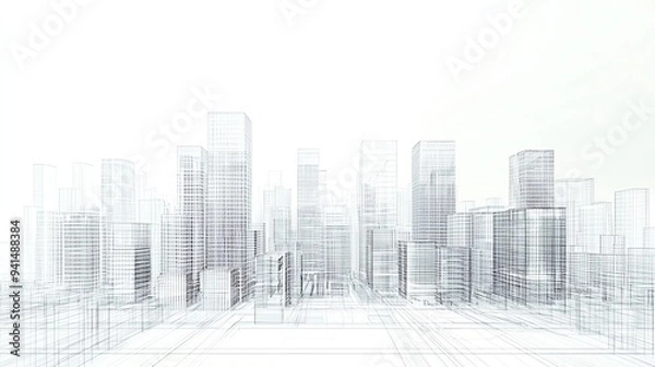 Fototapeta Abstract sketch of a modern city skyline with tall buildings in a minimalist design.