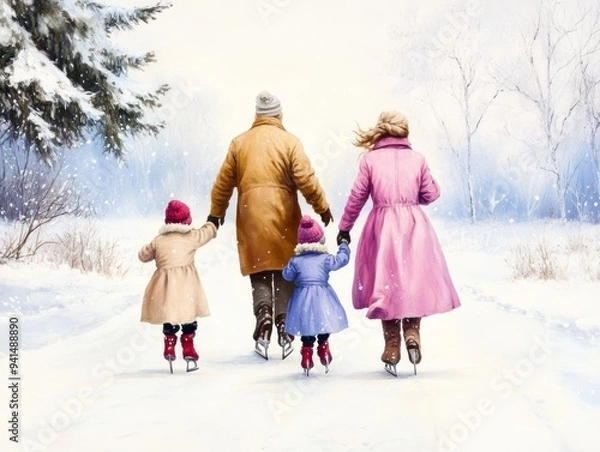 Fototapeta A family ice skating on a frozen lake, surrounded by snow-covered pine trees