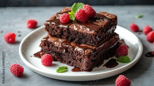 Fototapeta A stack of chocolate brownies with rich glaze, adorned with fresh raspberries and mint leaves, presented on a white plate, against a textured gray concrete background.