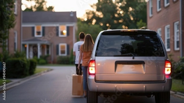 Fototapeta Family Unloading Car Filled with Dorm Supplies on Move In Day Preparing for Exciting College Life and New Beginnings on Campus