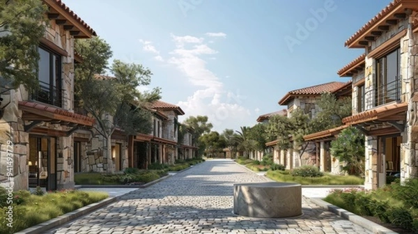 Fototapeta A cobblestone street lined with traditional stone houses, with lush greenery and a circular concrete fountain in the center.
