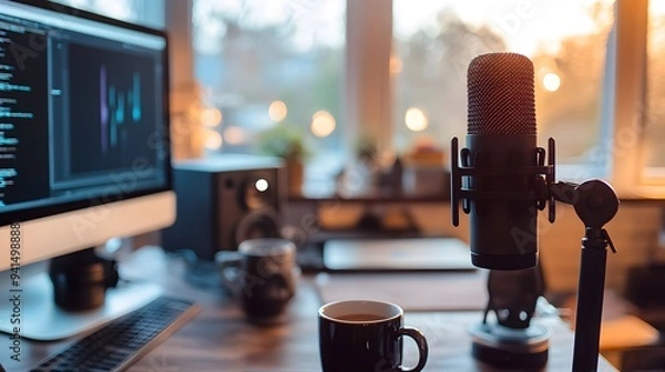 Fototapeta Photograph of a microphone and coffee cup on an interactive podcast desk, with sound baffles in the background, surrounded by computer equipment