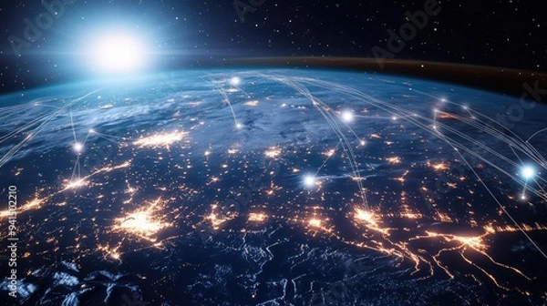 Fototapeta Global network of satellites and communication lines connecting major cities, illustrating the power of international connectivity