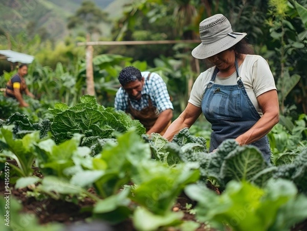 Fototapeta Farmers harvest fresh produce in a lush garden during daytime in a tropical climate
