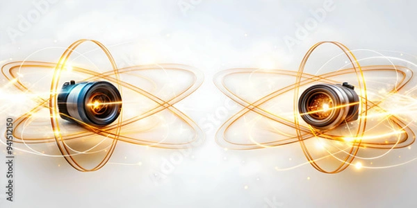 Fototapeta Flat Floating quantum particles with light trails on an isolated white background concept as Two floating quantum particles with glowing light trails suspended on an isolated white background. The par