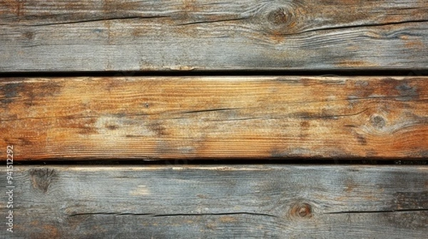 Fototapeta Top view of weathered wooden planks with natural wear, visible grain, and rough textures, ideal for a rustic background