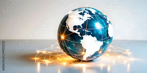 Obraz Flat Glossy abstract digital globe with glowing connections as a tech conference backdrop concept as A glossy abstract digital globe with glowing connections radiating from it symbolizing global commu