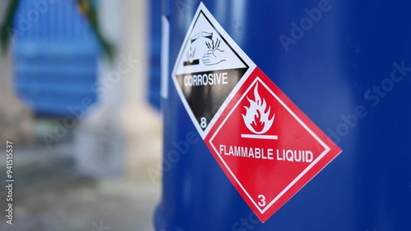 Obraz Corrosive warning sign label and flammable liquid warning sign label on the barrel tank. To warn that there are dangerous chemicals in the tank, please be careful.