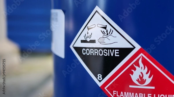 Obraz Corrosive warning sign label and flammable liquid warning sign label on the barrel tank. To warn that there are dangerous chemicals in the tank, please be careful.