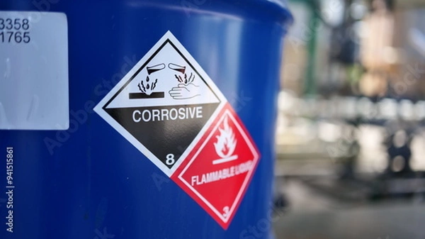 Obraz Corrosive warning sign label and flammable liquid warning sign label on the barrel tank. To warn that there are dangerous chemicals in the tank, please be careful.