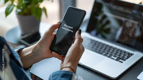 Fototapeta Businesswoman holding phone with text "payment successful" on screen display, sitting in office chair at desk or table with laptop notebook on workplace. Online internet shopping, purchase invoice.