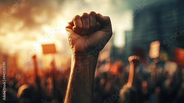 Obraz A raised fist symbolizes strength and unity during a powerful protest, embodying the spirit of activism and social change.